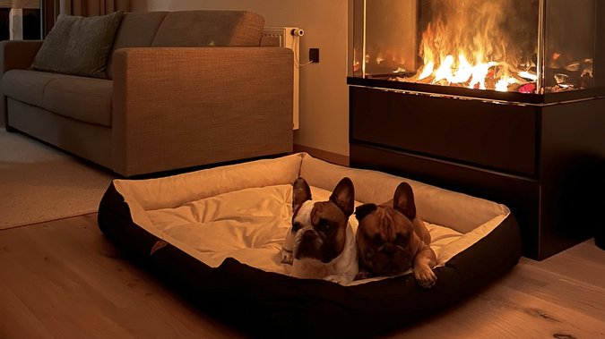 zwei Hunde liegen im Körbchen gemütlich vor dem Kamin zwei Hunde liegen im Körbchen gemütlich vor dem Kamin