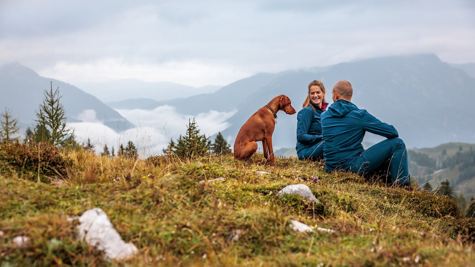Urlaub im Wellnesshotel: mit Hund nach Tirol Paar und Hund sitzen auf Bergwiese mit Nebel und Bergen im Hintergrund