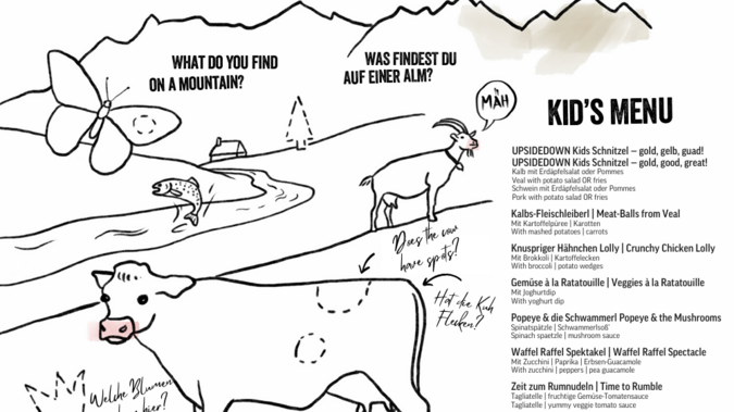 Kindermenü mit ausmalbaren Tieren im UPSIDEDOWN Kindermenü mit ausmalbaren Tieren im UPSIDEDOWN