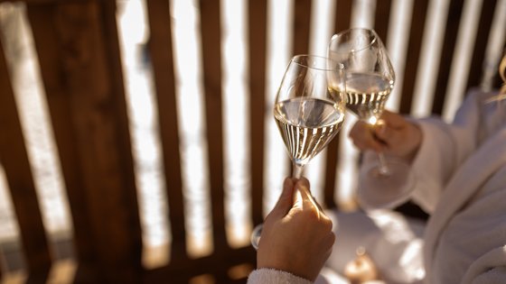 Hotel in Fieberbrunn: ADEA Lifestyle Suites Zwei Personen stoßen mit Weißweingläsern vor einem Holzzaun an