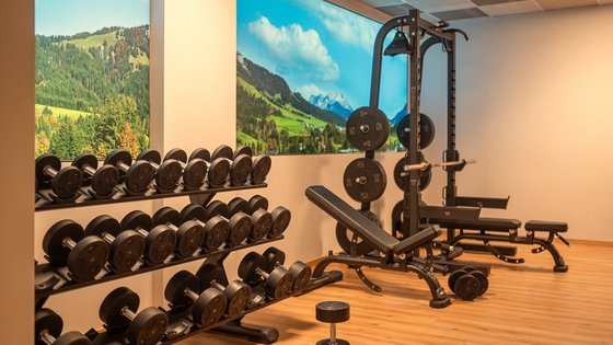 Fieberbrunn: Wellnesshotel gesucht? Fitnessraum mit Hanteln, Kraftstation und Landschaftsfoto an der Wand